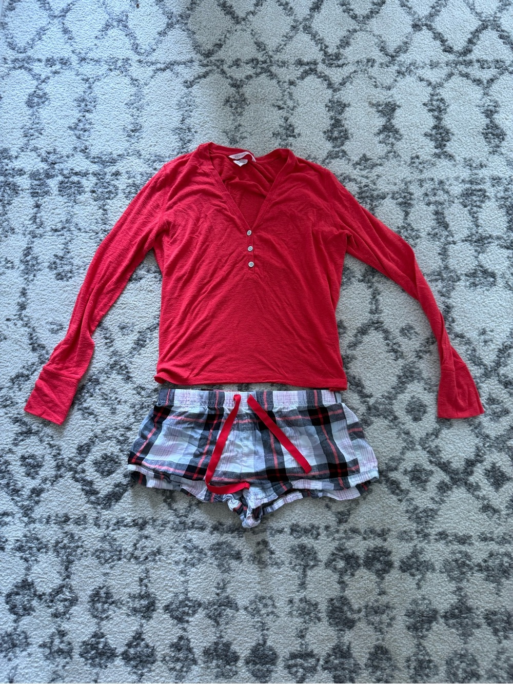 PINK Victoria's Secret Red Henley Top with Plaid Sleep Shorts